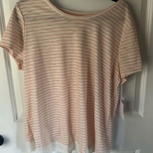 LC Lauren Conrad Pink Striped Lace Hem Tee Xl